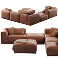 Brown Leather Modular Sofa Set With Multiple Cushions Ottoman And Blanket