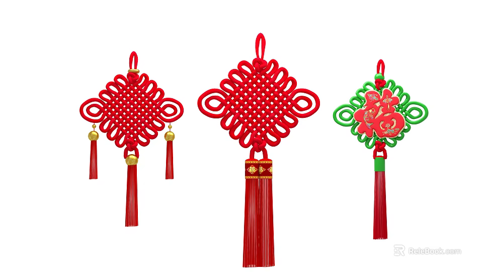 Traditional Chinese Knot Hanging Decorations with Red Gold Fortune Character Floral Tassel Ornaments 3d model 