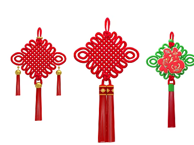Traditional Chinese Knot Hanging Decorations with Red Gold Fortune Character Floral Tassel Ornaments 3d model