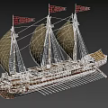 Ancient Wooden Sailing Ship With Three Masts Beige Sails Red Flags And Side Oars