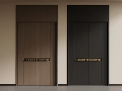 Modern Double Doors Design With Light Brown And Dark Black Wooden Panels And Gold Handles 3d model
