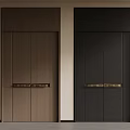 Modern Double Doors Design With Light Brown And Dark Black Wooden Panels And Gold Handles