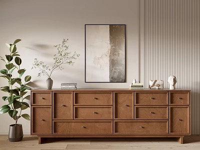 Wooden Entryway Cabinet Sideboard with Storage Drawers Decorative Plant and Wall Art 3d model
