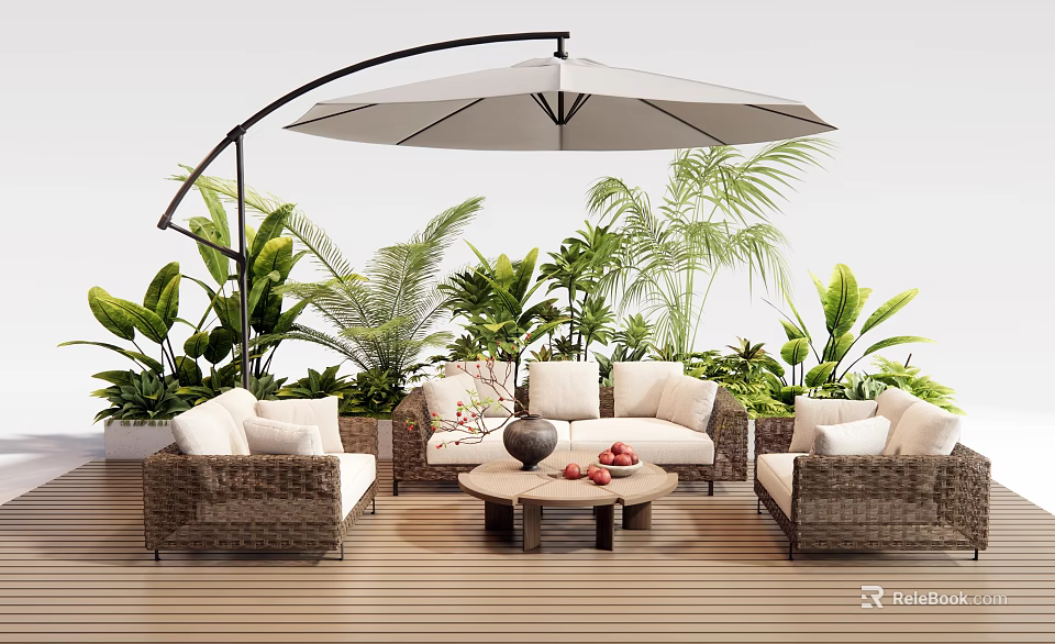 Outdoor Wicker Sofa with Round Coffee Table and Large Umbrella Surrounded by Lush Green Plants 3d model 