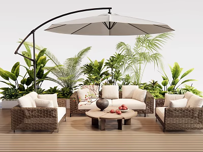 Outdoor Wicker Sofa with Round Coffee Table and Large Umbrella Surrounded by Lush Green Plants 3d model