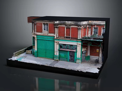 Corner Building Model With Red Brick Walls Green Roller Shutter And Green Door 3d model