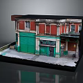 Corner Building Model With Red Brick Walls Green Roller Shutter And Green Door