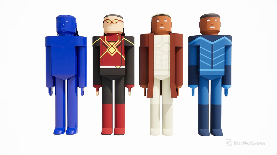 Four Unique Action Figures With Colorful Outfits And Distinct Stylish Designs 3d model 