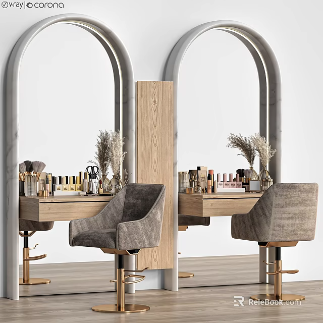 Cosmetic Medical Devices On Wooden Table With Arched Mirrors Gray Chairs And Golden Bases 3d model 