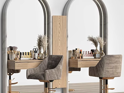 Cosmetic Medical Devices On Wooden Table With Arched Mirrors Gray Chairs And Golden Bases 3d model