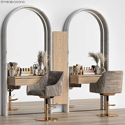 Cosmetic Medical Devices On Wooden Table With Arched Mirrors Gray Chairs And Golden Bases 3d model