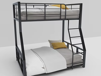 Modern Metal Bunk Bed With Black Frame White Mattress And Yellow Pillows 3d model