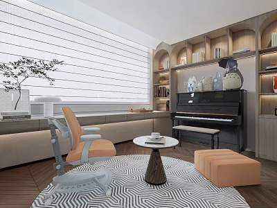 Study Room Interior Design With Window Blinds Bookshelves Piano And Orange Chair 3d model
