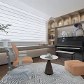 Study Room Interior Design With Window Blinds Bookshelves Piano And Orange Chair