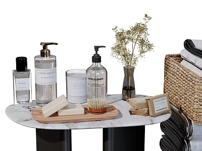 Stylish Bathroom Accessories On Marble Countertop With Soap Dispensers Candle And Wicker Basket 3d model