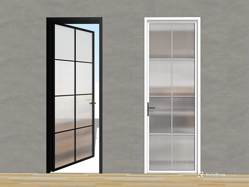 Black And White Frame Interior Glass Doors With Grid Design And Wooden Floor 3d model 