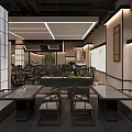 Traditional Chinese Restaurant Interior With Wooden Screen Bamboo Decor And Round Landscape Painting