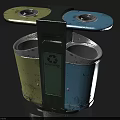 Public Dual Compartment Trash Bin With Yellow Blue Green Sections And Recycling Symbol