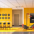 Modern Public Office Space With Glass Partitions Orange Interior Sofa And Desks