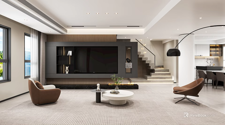 Modern Living Dining Room Interior with TV Wall Brown Chairs White Coffee Table Staircase 3d model 