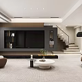 Modern Living Dining Room Interior with TV Wall Brown Chairs White Coffee Table Staircase