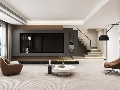 Modern Living Dining Room Interior with TV Wall Brown Chairs White Coffee Table Staircase 3d model
