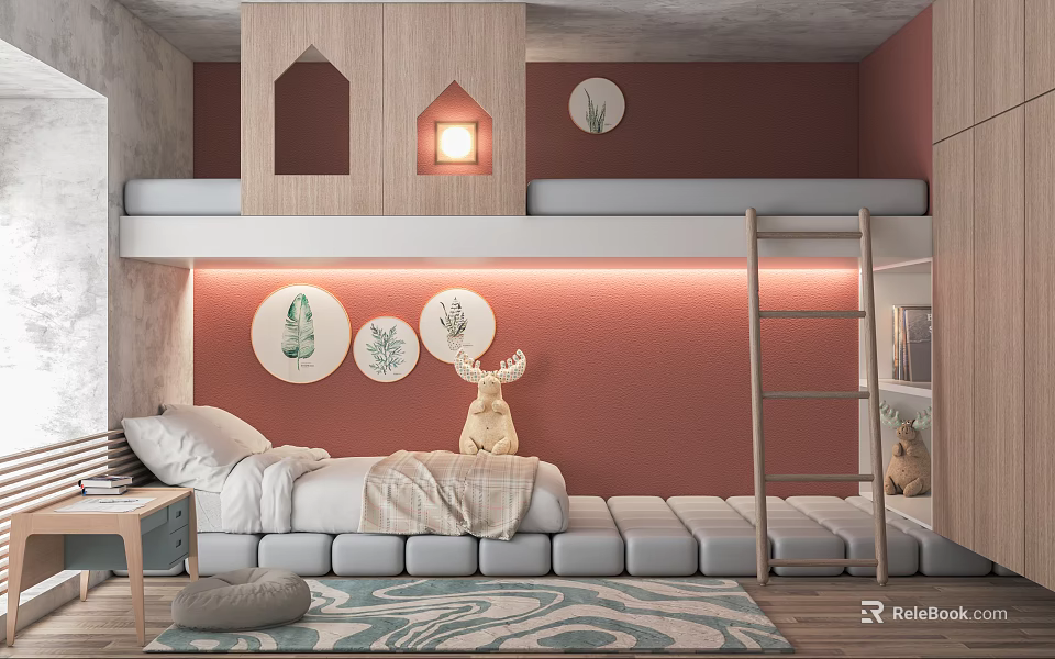 Kids Room Interior With Bunk Bed Red Wall Circular Decor Deer Figurine And Gray Cushions 3d model 