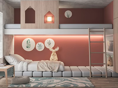 Kids Room Interior With Bunk Bed Red Wall Circular Decor Deer Figurine And Gray Cushions 3d model