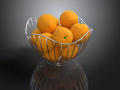 Fresh Ripe Oranges in a Metal Wire Basket on Reflective Surface 3d model