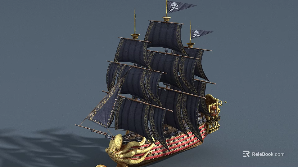 Wooden Sailing Ship With Black Sails Skull Flags And Golden Red Hull Decorations 3d model 