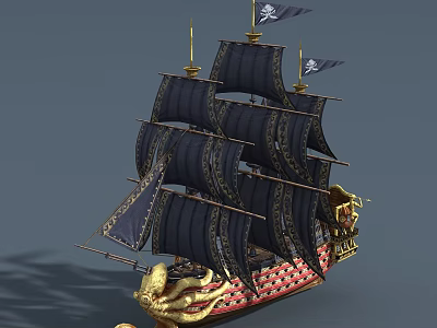 Wooden Sailing Ship With Black Sails Skull Flags And Golden Red Hull Decorations 3d model