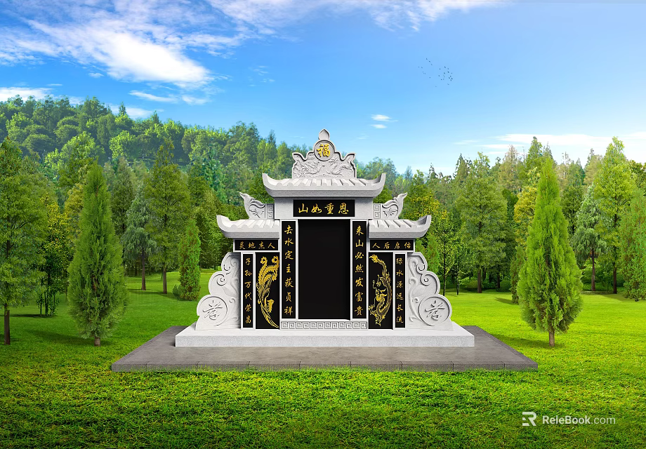 Chinese Garden Ornament with White Base Black Door Golden Decorations in Green Lawn and Trees 3d model 