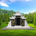 Chinese Garden Ornament with White Base Black Door Golden Decorations in Green Lawn and Trees