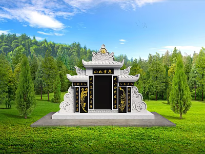 Chinese Garden Ornament with White Base Black Door Golden Decorations in Green Lawn and Trees 3d model