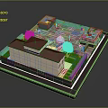 Single Storey Residential Building with Red Roof Green Lawn and Courtyard Fountain