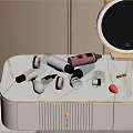 Perfume and Cosmetics Display on White Dressing Table with Marble Countertop and Round Mirror