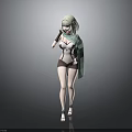 3D Female Character With Light Hair Green Shawl And Dark Outfit Standing In Gray Background