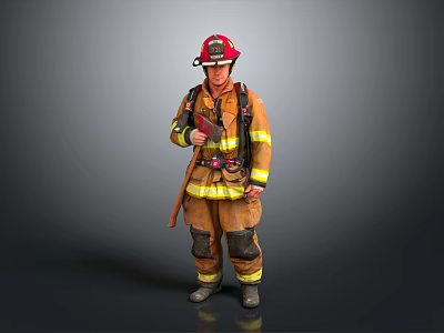 A Man Standing in Yellow Firefighter Uniform with Red Helmet and Protective Gear 3d model
