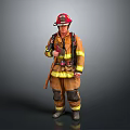 A Man Standing in Yellow Firefighter Uniform with Red Helmet and Protective Gear