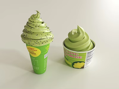 Delicious Green Tea Mango Ice Cream With Creamy Swirl In Cone And Cup Toppings 3d model