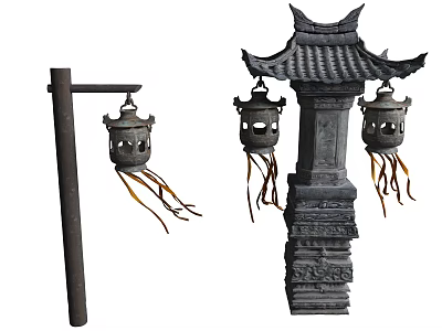 Traditional Ancient Chinese Architecture Stone Pillar With Carvings Roof Structure And Hanging Lanterns 3d model
