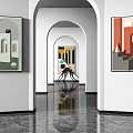 Modern Art Gallery Interior With Archway Design And Colorful Artworks