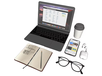 Modern Laptop with Notebook Pencil Smartphone Wireless Earbuds Coffee Mug and Glasses 3d model