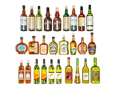 Various Wine Bottles With Different Colors And Shapes Arranged In Three Rows 3d model