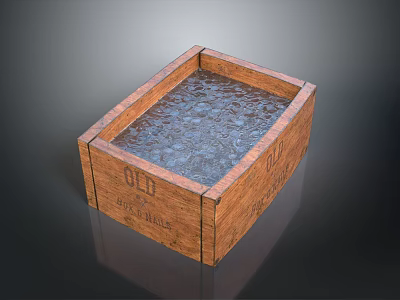 Vintage Wooden Storage Crate With Clear Water Inside And Old Label 3d model