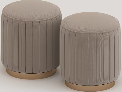 Pair Of Light Gray Cylindrical Velvet Stools With Vertical Pleated Design And Golden Base 3d model
