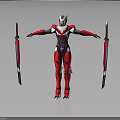 Biomech Sci Fi Warrior Character In Red White Armor Holding Swords Arms Outstretched
