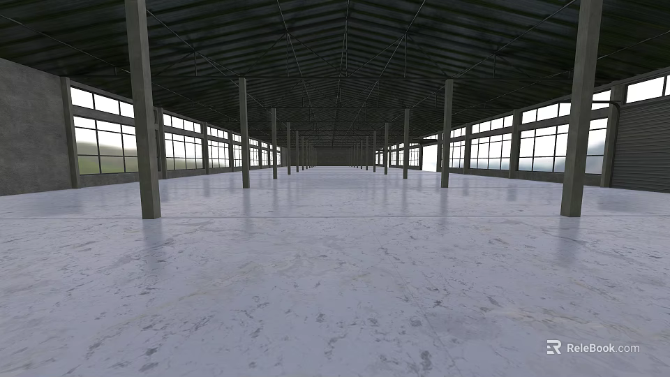 Spacious Industrial Warehouse With High Metal Roof Large Glass Windows Supporting Columns And Concrete Floor 3d model 