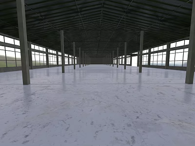 Spacious Industrial Warehouse With High Metal Roof Large Glass Windows Supporting Columns And Concrete Floor 3d model