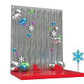 Festive Holiday Decoration Display With Silver Backdrop Colorful Ornaments Snowflakes And Red Base